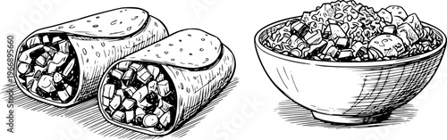 Hand Drawn Black and White of Burritos and a Bowl of Food White Background isolated