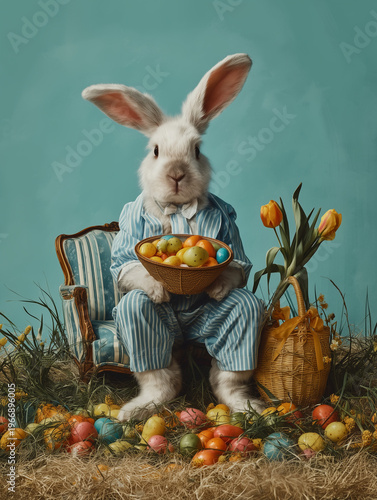 Easter Bunny Holding Basket of Eggs – Spring Celebration Concept