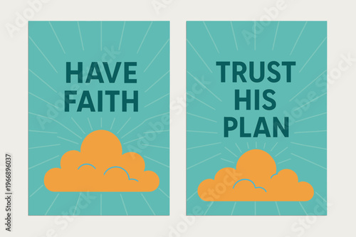 Hopeful Banners. Hope. Two vertical A6 banners with safe margins, centered composition, no elements touching edges, minimal, turquoise and orange, light rays,