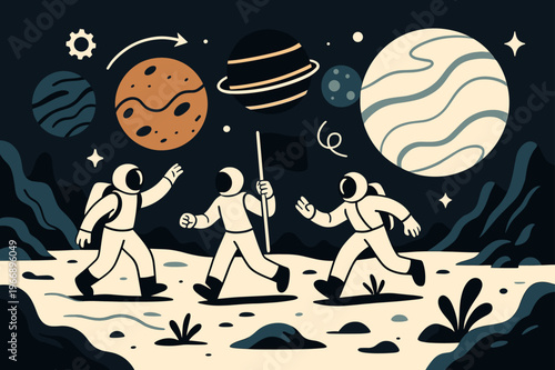 Astronauts on Vibrant Planets. planets. Vibrant planets aligned in a row, astronauts exploring the surface, alien landscapes unfolding. Modern flat vector