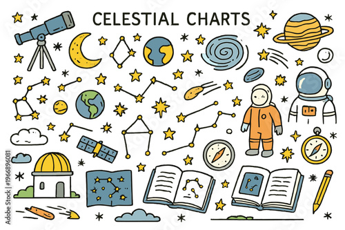 Celestial Doodle Explorations. Celestial charts. Hand-drawn doodle illustration constellations (colored), stars (colored), planets (colored), moon (colored),