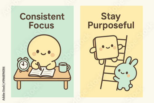 Kawaii Motivational Banners. Consistent focus. Two vertical A6 banners with safe margins, centered composition, no elements touching edges, kawaii, pastel mint