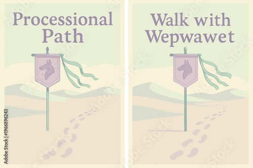 Desert Ceremonial Banners. Desert Procession. Two vertical A6 banners with safe margins, centered composition, no elements touching edges, pastel, pastel mint