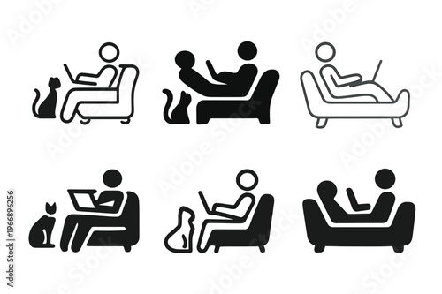 Laptop Couch Logos. Working with a laptop on the couch. Icon set. Set Logo of working with a laptop on the couch: person reclining with laptop and cat nearby.