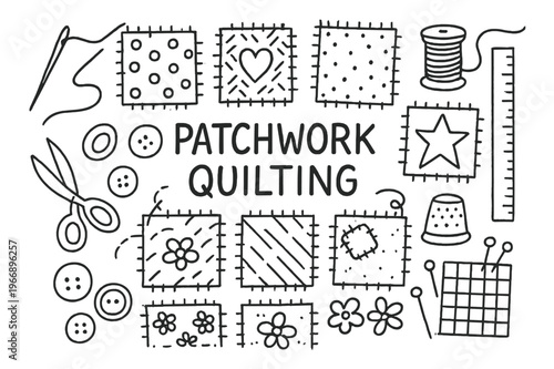 Patchwork Quilting Icons. Patchwork quilting. Hand-drawn doodle illustration patchwork quilting fabric squares, stitching lines, heart, star, needle, thread,