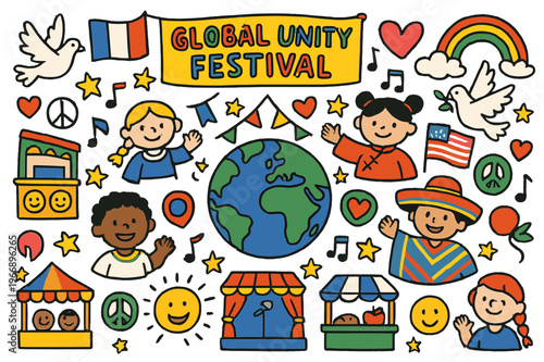 Global Unity Celebration. Global unity festival. Colorful Hand-drawn doodle Children illustration Global unity festival Earth globe, people in costumes, flags,