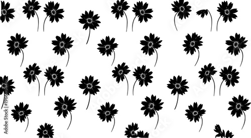 Seamless pattern of black daisy silhouettes with delicate stems a white background