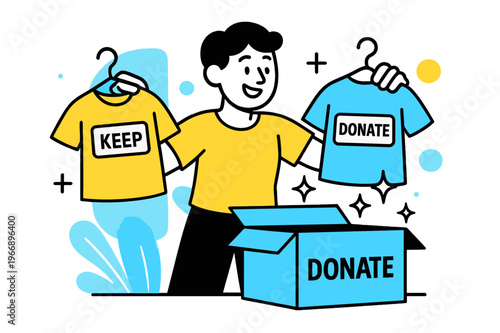 Closet Spring Cleaning. Closet Declutter Moment. A smiling person holds two shirts?one marked ?Keep,? one ?Donate.? Light geometric sparkles float around the