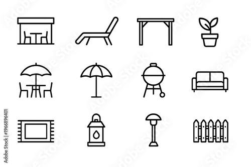 Outdoor Living Icons. Outdoor Living Spaces. Line icon set of Outdoor Living Spaces: patio, deck chair, pergola, potted plant, outdoor table, umbrella, grill,