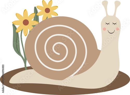 Minimalist vector illustration of a smiling snail character and spring wildflowers isolated on white. Earthy colors, scandinavian style.