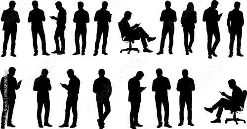 Silhouettes of People Using Smartphones and Mobile Devices in Various Standing and Sitting Poses for Communication and Technology Concept Design
