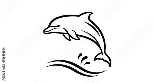 Stylized black and white line art illustration of a dolphin leaping gracefully from the ocean waves, depicting marine life and movement.