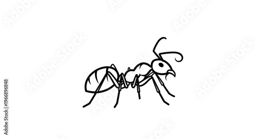 Simple black and white line drawing of an ant in profile on a clean white background.