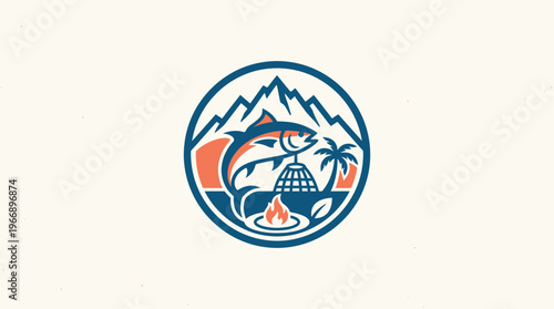 Outdoor Adventure Logo with Fish and Nature Elements