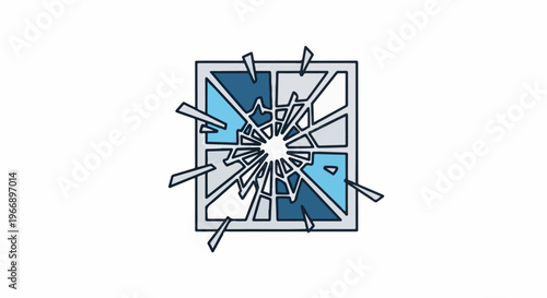 Broken window with geometric shards and blue and grey panes