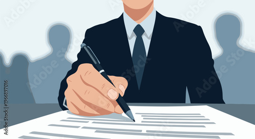 Businessman signing contract with blurred figures in background