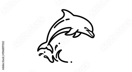 A minimalist black and white line art illustration of a dolphin leaping gracefully from the ocean water, creating splashes.