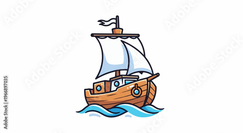 Cartoon sailing ship on blue waves, white background