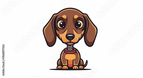 Cartoon dachshund with large eyes wearing a red collar, sitting