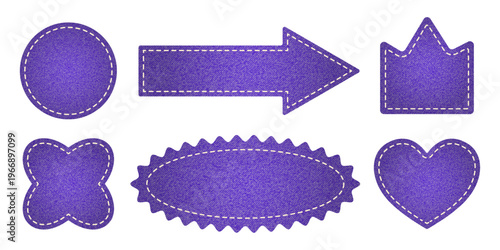 Set of purple denim texture patch shapes with dashed line stitching