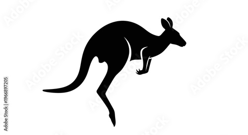 Black silhouette of a kangaroo jumping, isolated on a white background, showcasing its powerful legs and distinctive profile.