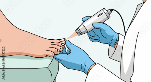 Medical professional using laser device on a patient's toenail for treatment