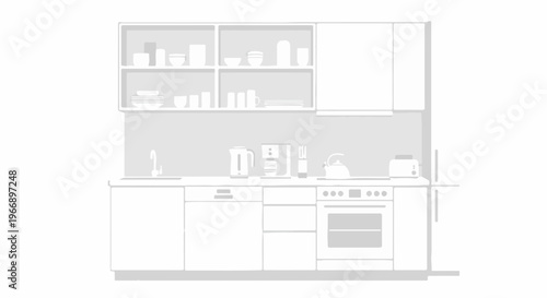 Minimalist kitchen counter with cabinets, sink, stove, appliances, and dishes