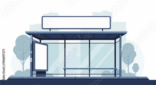 Modern minimalist bus stop shelter with advertising panels and trees