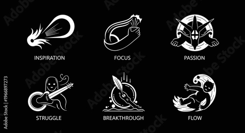 Collection of six abstract icons representing concepts like inspiration focus passion struggle breakthrough and flow.