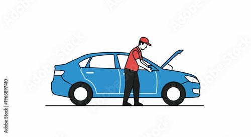 Person in red shirt and cap inspects blue car with hood open