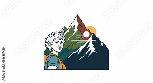 Person with backpack smiles in front of stylized, colorful mountains at sunset