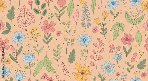 Gentle garden blossoms arranged in seamless floral background with soft tones