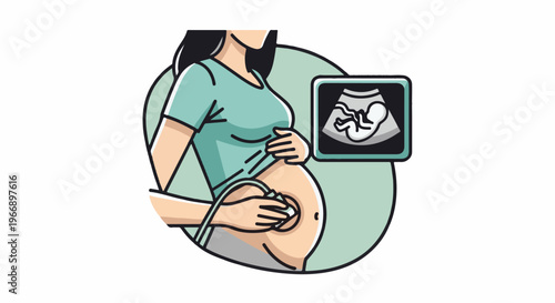 Pregnant woman undergoes ultrasound scan, displaying fetal image