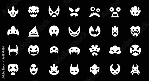 Collection of diverse white monster faces on a black background.