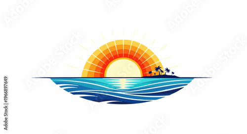 Radiant sunrise over a tranquil ocean with a small island and palm trees