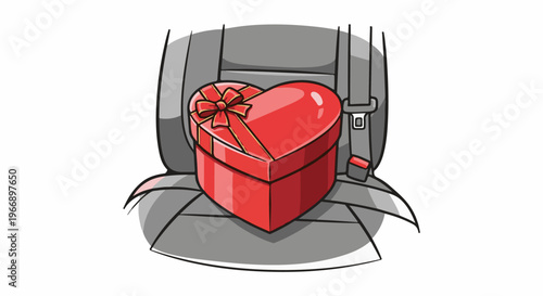 Red heart-shaped gift box secured with a seatbelt on a car seat