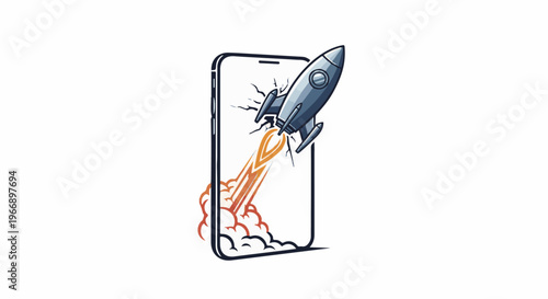 Rocket blasting out of a smartphone screen with fiery exhaust
