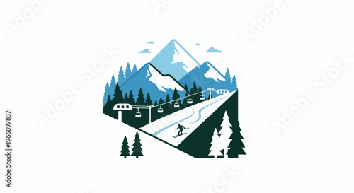 Stylized mountain landscape with skiing, ski lifts, and evergreen trees