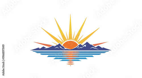 Stylized sunrise over mountains reflected in water