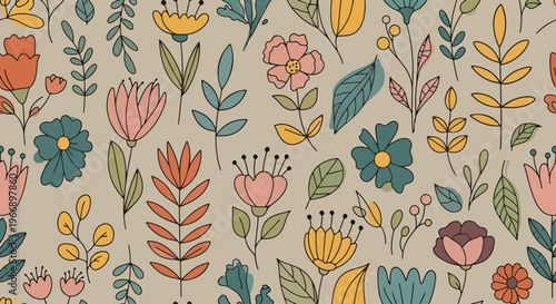 Elegant spring garden flowers arranged in seamless botanical print design