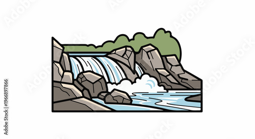 Stylized waterfall cascading over rocks amidst lush greenery
