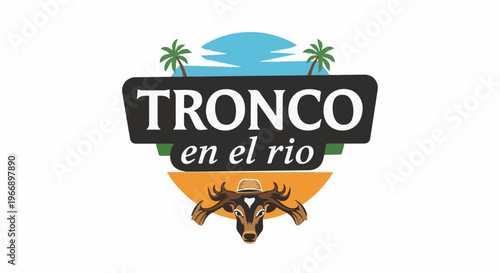 Tropical landscape logo with a deer wearing a hat