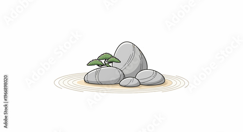 Zen garden rocks with a small tree and raked sand pattern