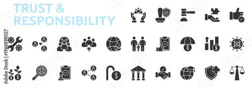 Trust And Responsibility icon glyph style with social, connection, teamwork, community, idea, sustainability icons