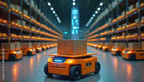 A fleet of orange automated guided vehicles efficiently transports cardboard boxes through organized aisles, inside a vast, modern warehouse. High-tech logistics system, robotic future commerce