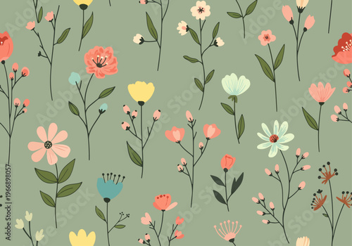 Elegant pastel wildflower pattern with delicate leaves and balanced floral arrangement