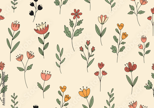 Modern watercolor flowers arranged in seamless repeat with light artistic touch