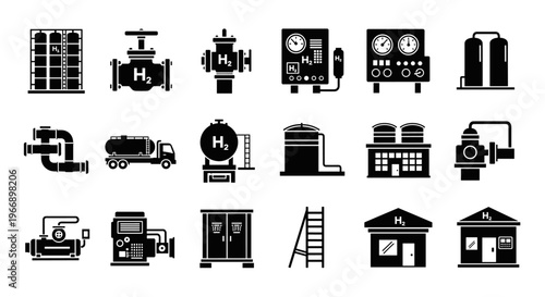 Hydrogen Energy Production and Storage Icons Set.