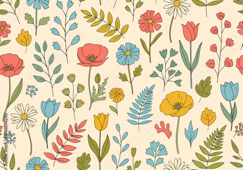 Hand painted garden flowers arranged in repeating pattern with soft watercolor textures and organic flow