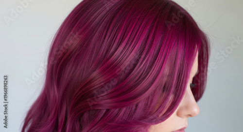 A striking rear view of a woman with beautiful hair dyed a vibrant magenta color.